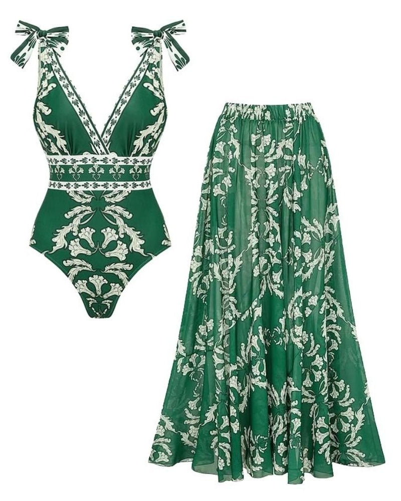 Green V Neck Lace Up Printed One Piece Swimsuit and Skirt
