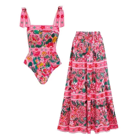 Pink Floral Paradise Print One Piece Swimsuit and Skirt	