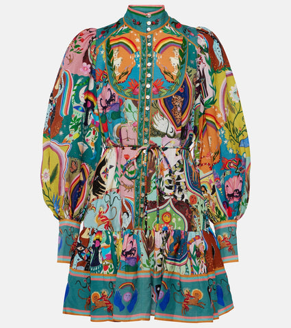 Lace up Printed Lantern Long Sleeve Mini Dress