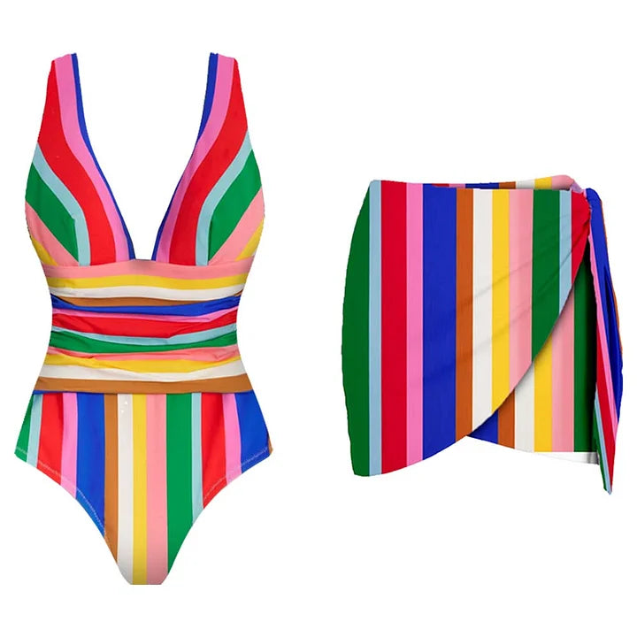 Colorful Stripe Print V-neck One Piece Swimsuit and Skirt	