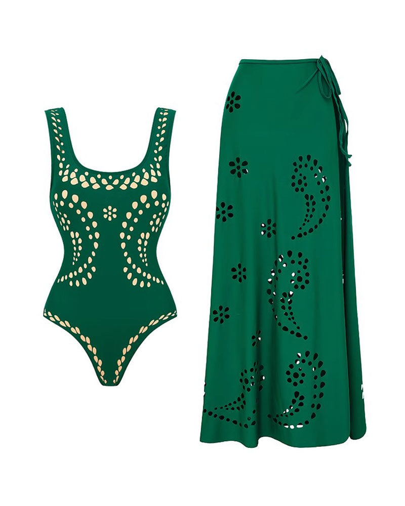 Vibecurve® Fashionable And Sexy Hollow Pattern One-Piece Swimsuit Set	
