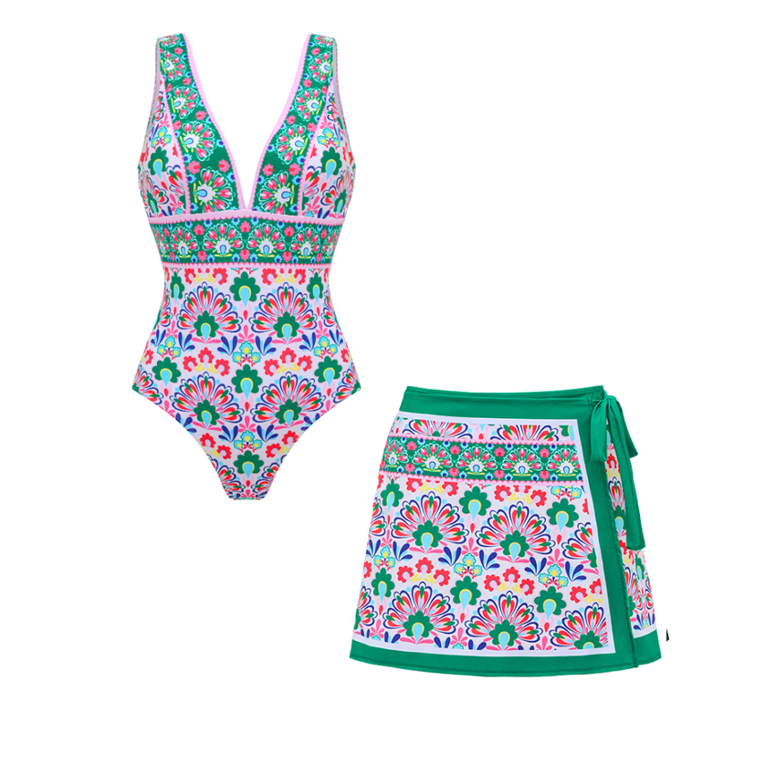 V Neck Printed One Piece Swimsuit and Skirt	