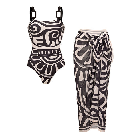 Adjustable Shoulder Straps Black Tribal Print Swimsuit Set(s)	