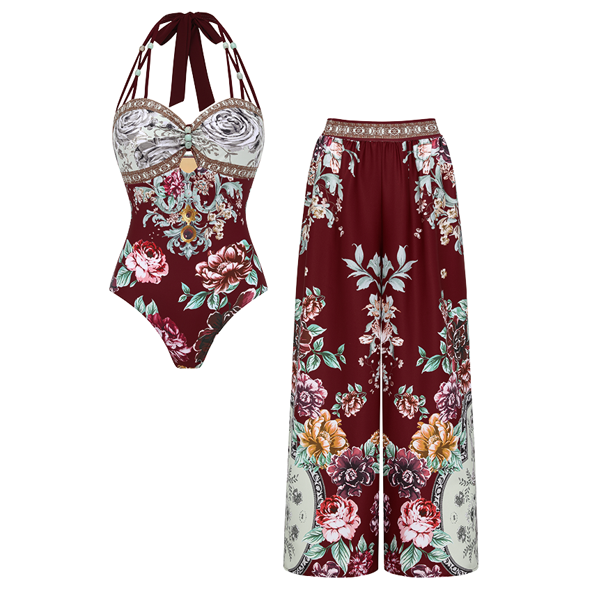 Neckband Peony Print Swimsuit Set(s)	
