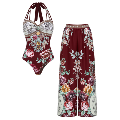 Neckband Peony Print Swimsuit Set(s)	