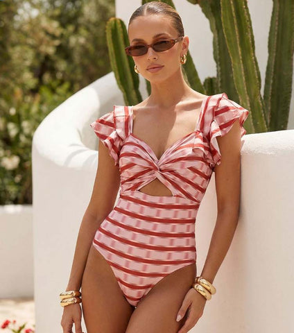 Ruffle Red Striped Printed Cut Out One Piece Swimsuit and Skirt