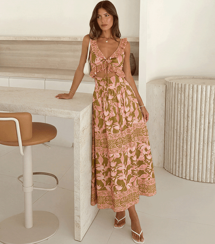 Ruffle Lace Up Cut Out Printed Swimsuit Set(s)