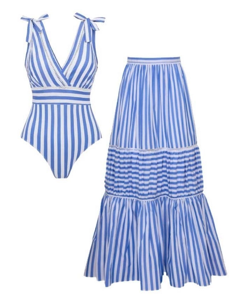 Bowknot Striped Print One Piece Swimsuit and Skirt
