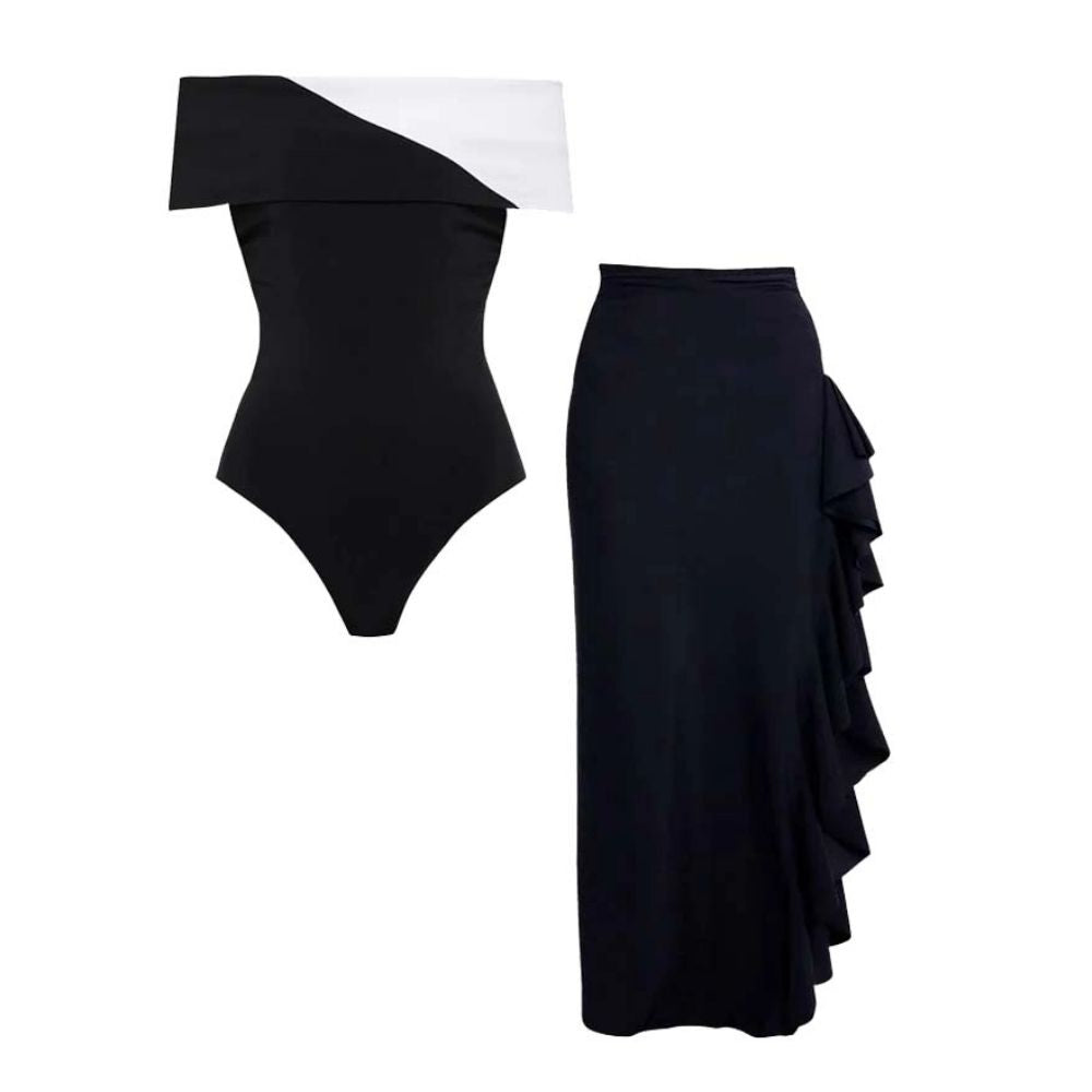 Off Shoulder Color Block One Piece Swimsuit and Skirt	