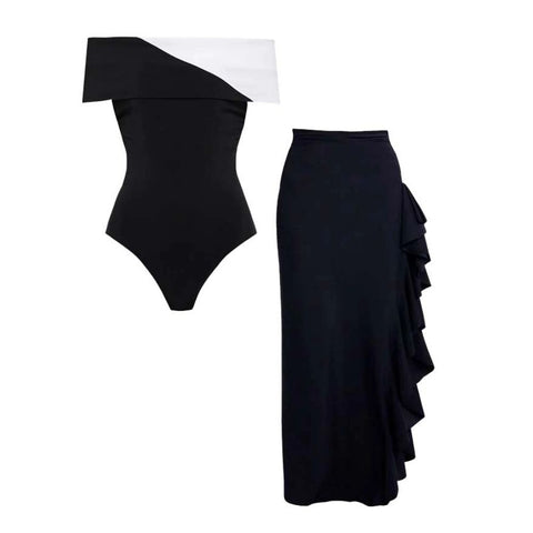 Off Shoulder Color Block One Piece Swimsuit and Skirt	