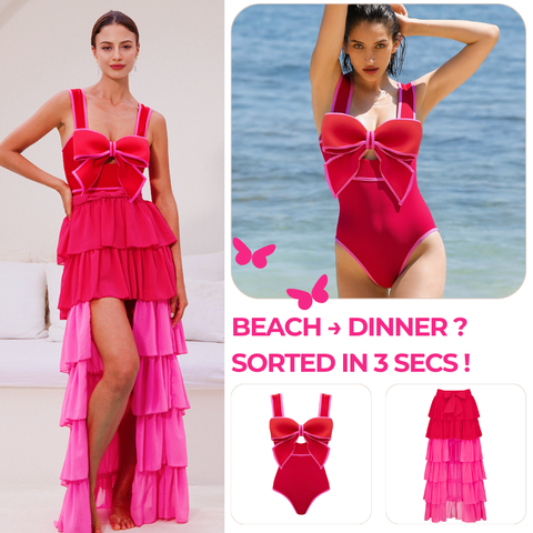 Bow Front Cut Out Color Block One Piece Swimsuit and Skirt
