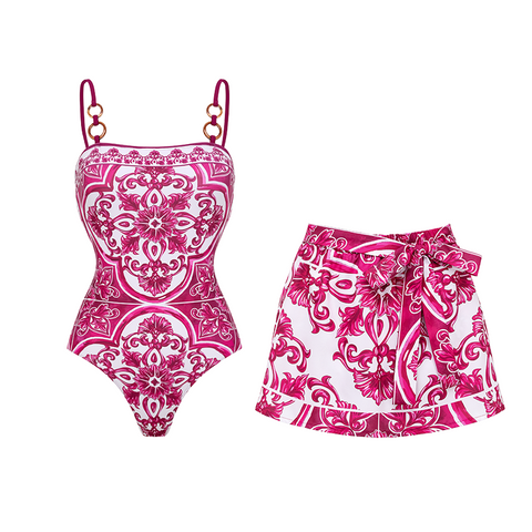 Sling Classic Majolica Series Pattern Print One Piece Swimsuit and Skirt or Shorts	