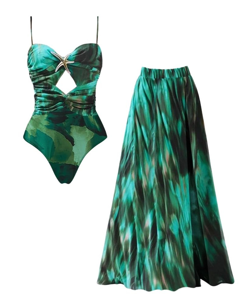 Flaxmaker Green Printed Pleated Swimsuit & Skirt Set	