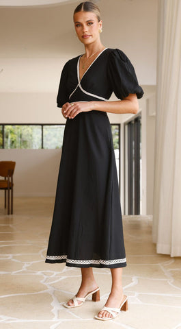 V Neck Puff Sleeve Midi Dress