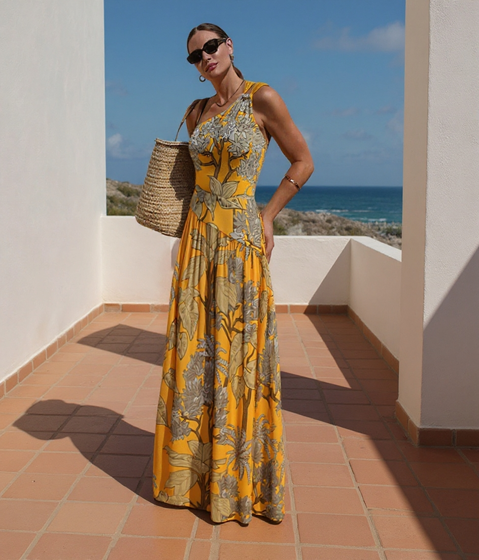 One Shoulder Yellow Printed Swimsuit Set(s)	