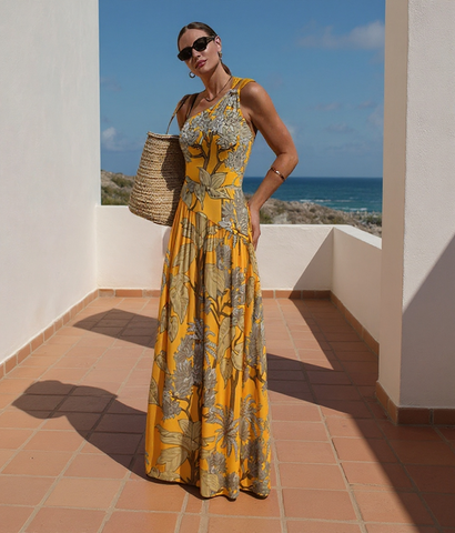 One Shoulder Yellow Printed Swimsuit Set(s)	