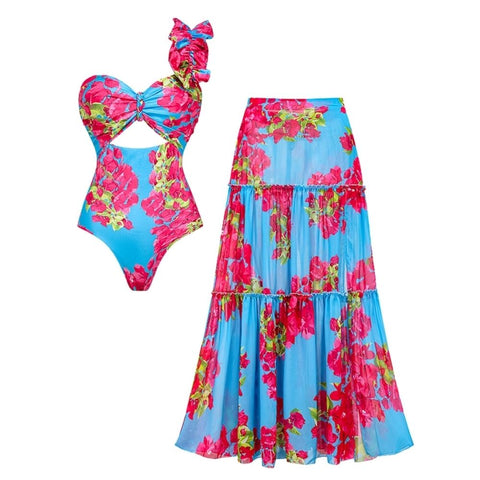 Ruffle Removable Shoulder Strap Pink Bougainvillea Flower Printed One Piece Swimsuit and Skirt Flaxmaker	