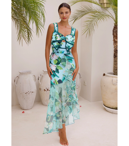 Bow Decor Mangnolia Print One Piece Swimsuit and Skirt	
