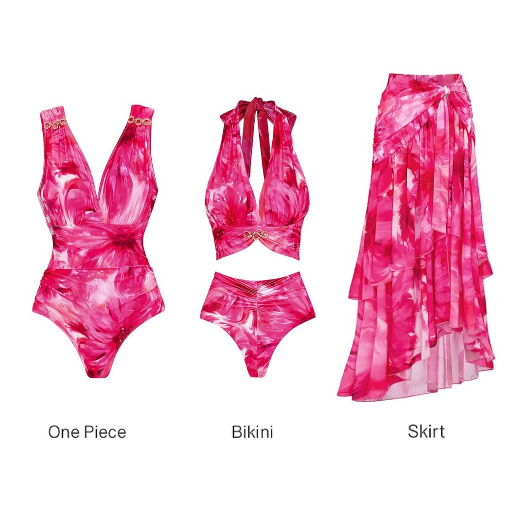 Floral Printed Halter Bikini Swimsuit and Skirt	