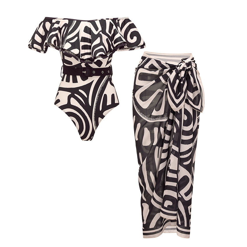 Off Shoulder Black Retro Printed Swimsuit Set(s)	