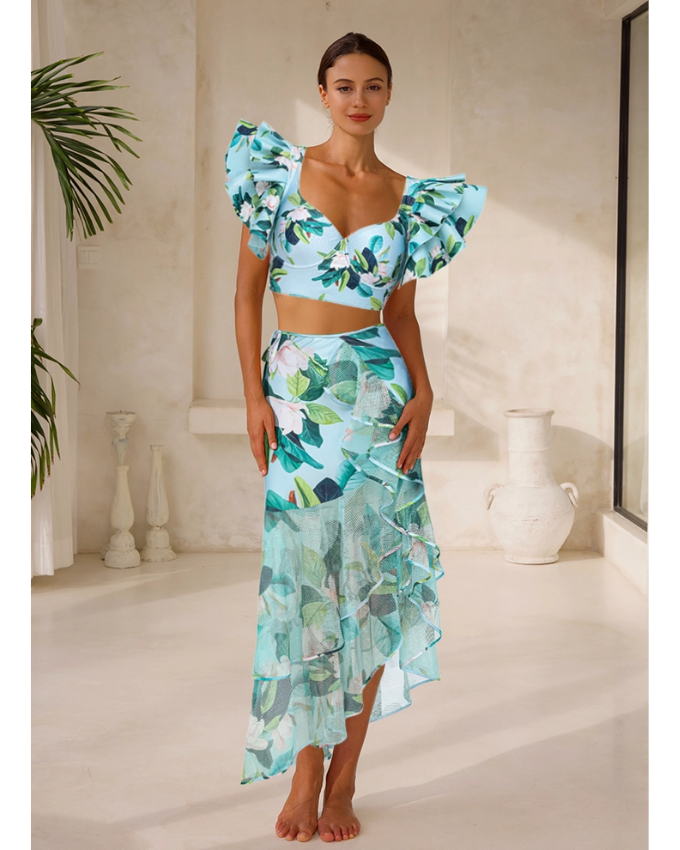 Ruffle Mangnolia Print Bikini Swimsuit and Skirt	