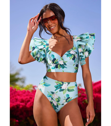 Ruffle Mangnolia Print Bikini Swimsuit and Skirt	