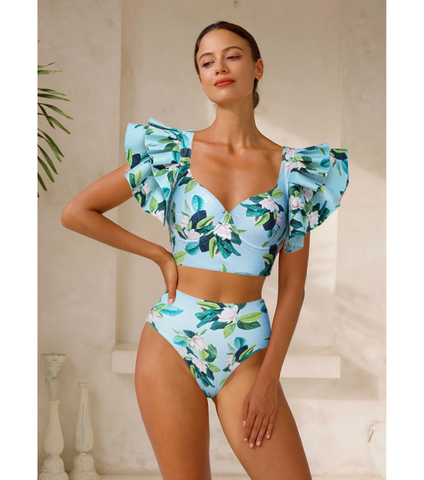 Ruffle Mangnolia Print Bikini Swimsuit and Skirt	
