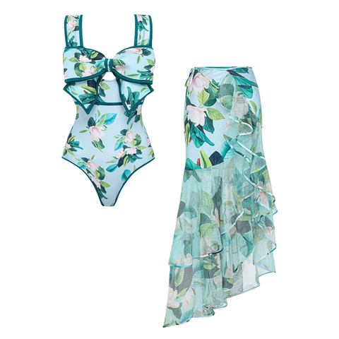 Bow Decor Mangnolia Print One Piece Swimsuit and Skirt	