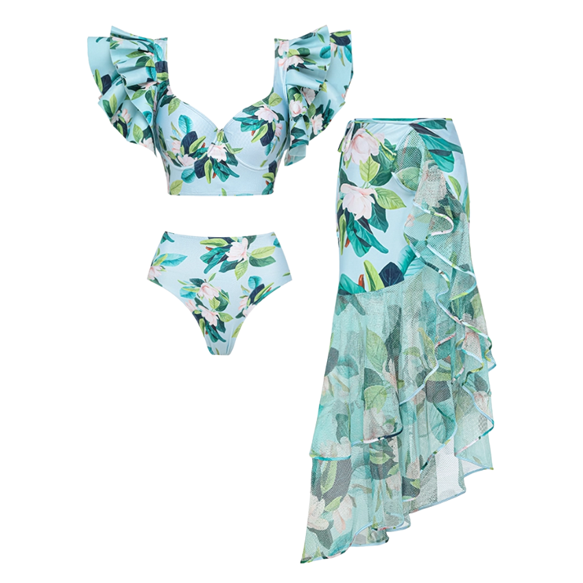 Ruffle Mangnolia Print Bikini Swimsuit and Skirt	