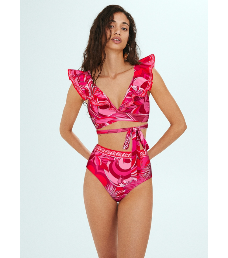 Ruffle V Neck Tie Bow Printed Strappy Bikini Swimsuit and  Sarong or Shorts	