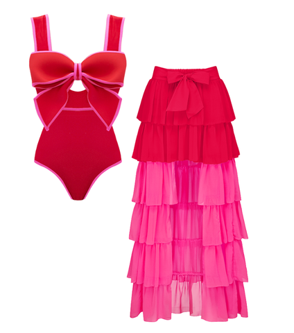 Bow Front Cut Out Color Block One Piece Swimsuit and Skirt
