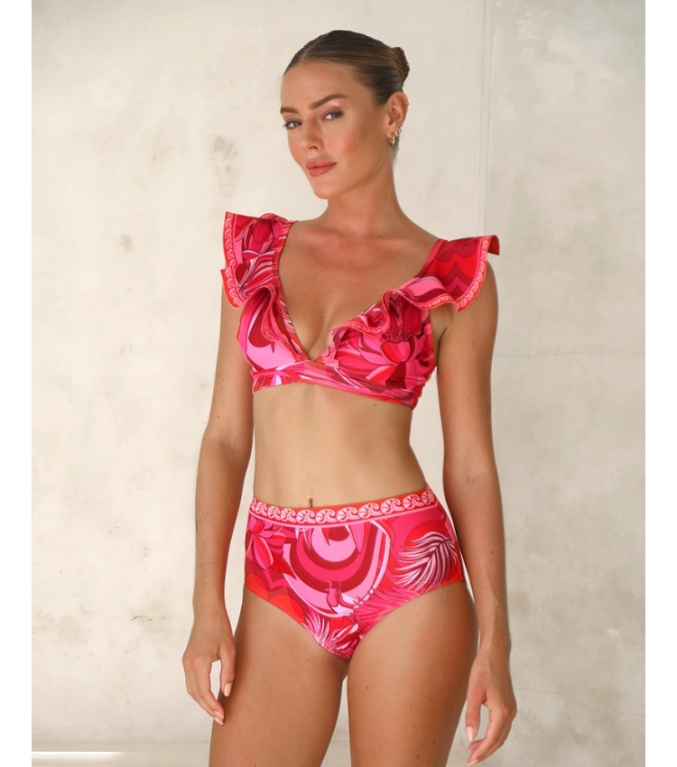 Ruffle V Neck Tie Bow Printed Strappy Bikini Swimsuit and  Sarong or Shorts	