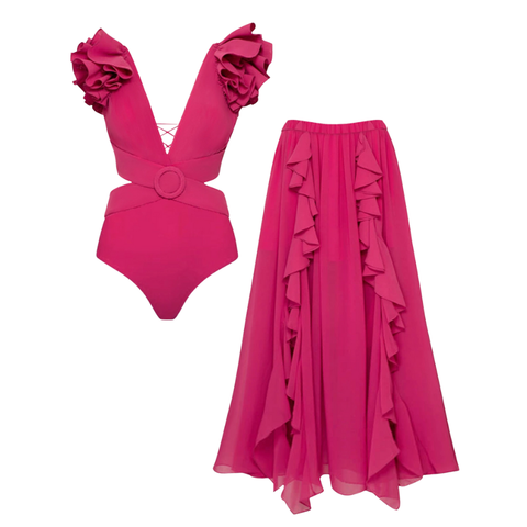 Deep V Cut Out One Piece Swimsuit and Skirt