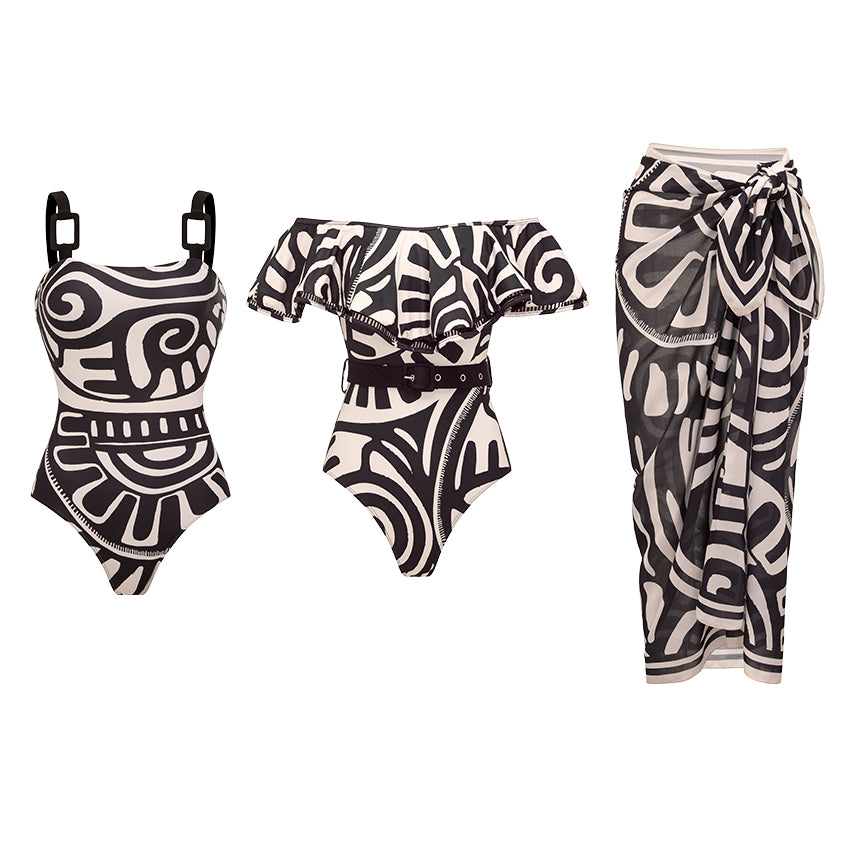 Adjustable Shoulder Straps Black Tribal Print Swimsuit Set(s)	