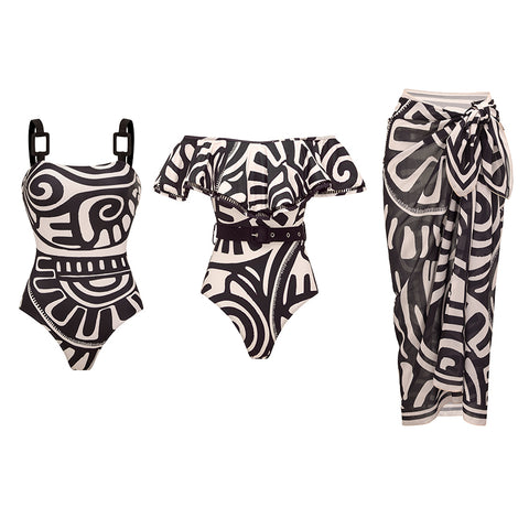 Adjustable Shoulder Straps Black Tribal Print Swimsuit Set(s)	