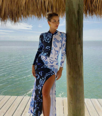 Color Block Printed Long Sleeve One Piece Surf Swimsuit and Skirt	