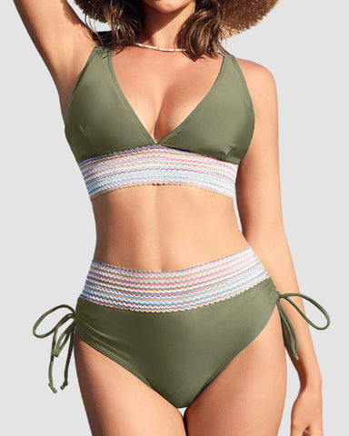 High Waisted Tummy Control Color Block Bikini Sets