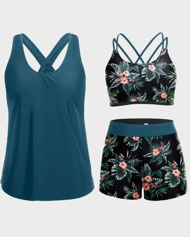 Women's 3 Piece Tankini Set with Bra Top & Boy Shorts