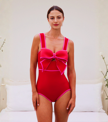 Bow Front Cut Out Color Block One Piece Swimsuit and Skirt