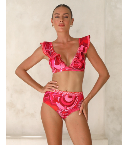 Ruffle V Neck Tie Bow Printed Strappy Bikini Swimsuit and  Sarong or Shorts	