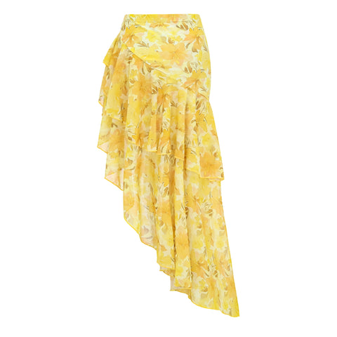 Appliques Yellow Lily Floral Print One Piece Swimsuit and Skirt	