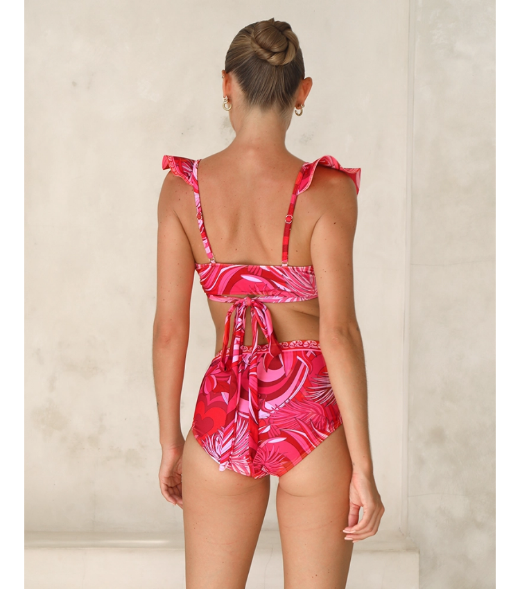Ruffle V Neck Tie Bow Printed Strappy Bikini Swimsuit and  Sarong or Shorts	
