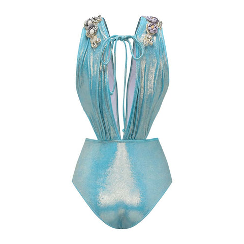 Blue Shiny Beaded Flowers Deep V-neck One Piece Swimsuit and Split Skirt