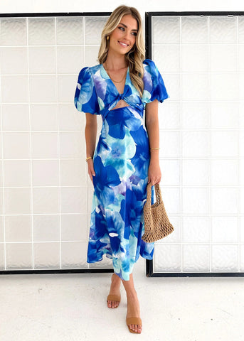 Puff Sleeve Cutout Blossom Printed Dress