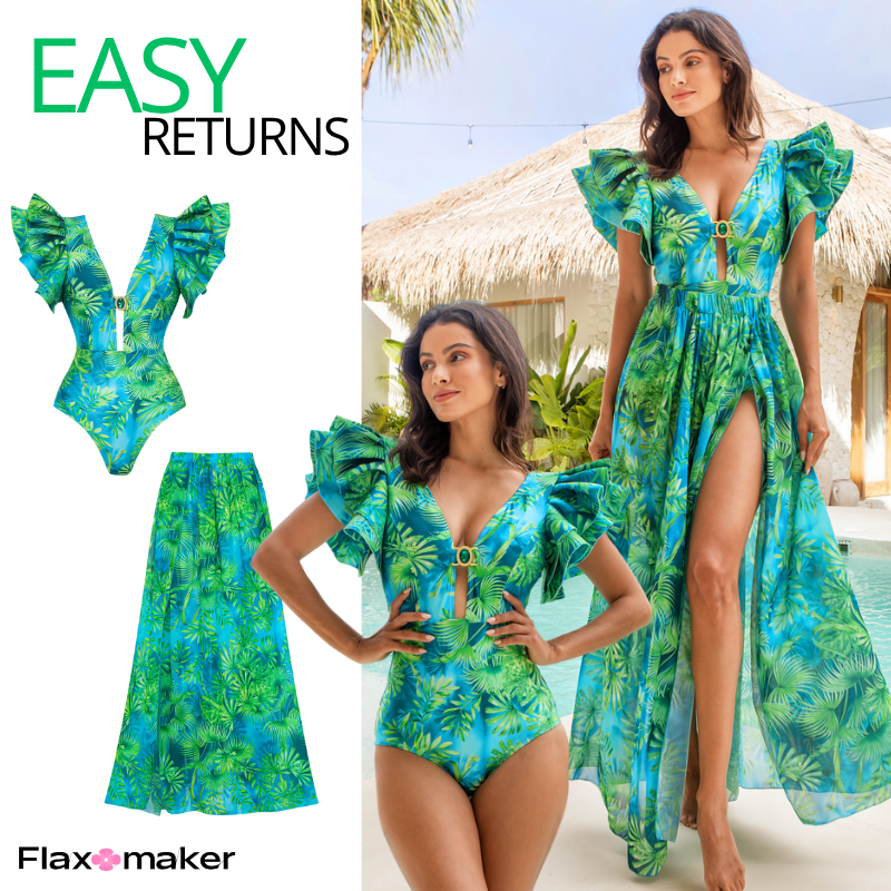 Ruffled Jungle Green Print One Piece  Swimsuit and Skirt	