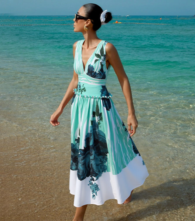 Blossom Print One Piece Swimsuit and Skirt	