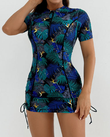 Women's Short Sleeve Swimsuit Zip One Piece Swimdress