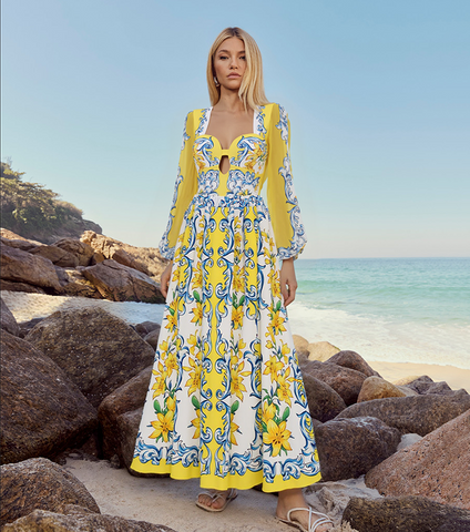 Printed Sicily Long Sleeved One Piece Swimsuit and Skirt	