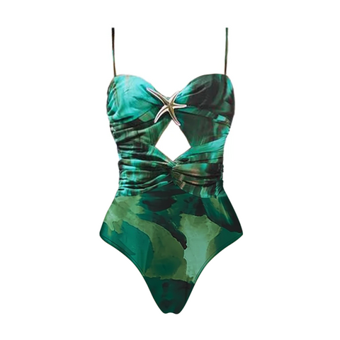 Flaxmaker Green Printed Pleated Swimsuit & Skirt Set	