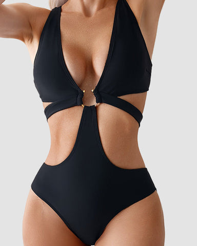 Sexy Metal O Ring Linked Cutout Low Cut One Piece Swimsuit